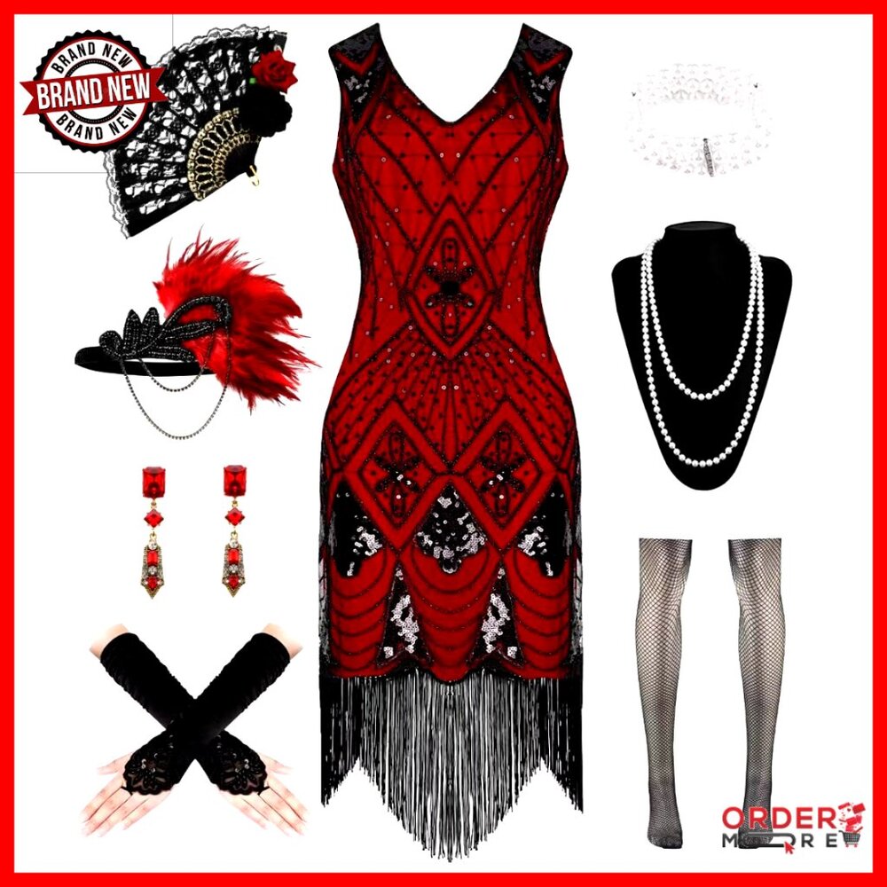 Vintage Flapper Dress Sequin Fringe V-Neck Backless Gatsby Party Costume